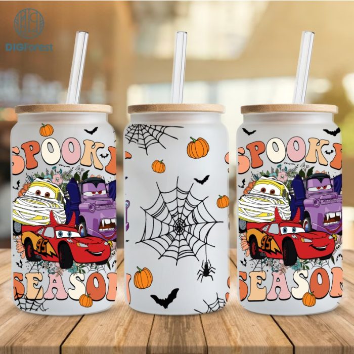 Disney Spooky Cars Halloween Libbey 16oz Glass Can Wrap | Lightning Mcqueen Libbey Glass Wrap | Spooky Vibes | Halloween Glass Can | Halloween Png