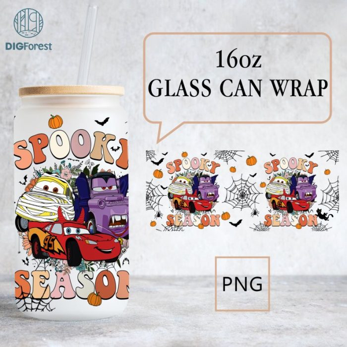 Disney Spooky Cars Halloween Libbey 16oz Glass Can Wrap | Lightning Mcqueen Libbey Glass Wrap | Spooky Vibes | Halloween Glass Can | Halloween Png