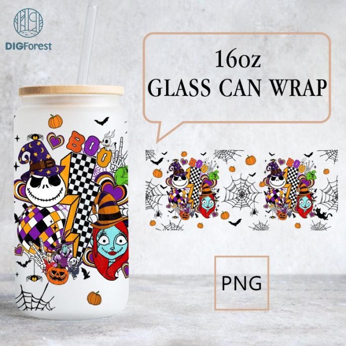 Disney Nightmare Before Christmas Halloween Boo 16oz Can Glass, Jack and Sally Libbey Can Glass, Jack Skellington Can Glass Wrap, Halloween Png