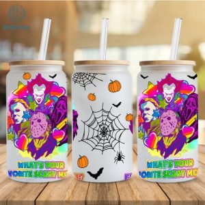 What's Your Favorite Scary Movie Halloween 16oz Can Glass Wrap, Horror Characters Libbey Can Glass, Horror Movies Can Glass, Lightning Png