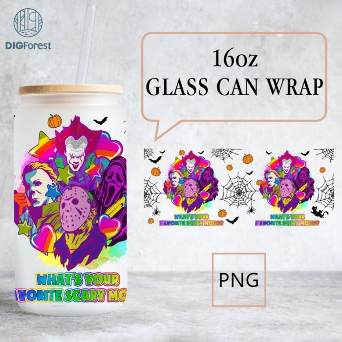 What's Your Favorite Scary Movie Halloween 16oz Can Glass Wrap, Horror Characters Libbey Can Glass, Horror Movies Can Glass, Lightning Png