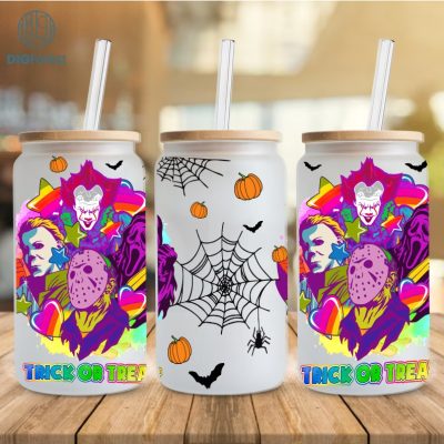 Trick or Treat Halloween 16oz Can Glass Wrap, Horror Characters Libbey Can Glass, Horror Movies Can Glass, Lightning Png