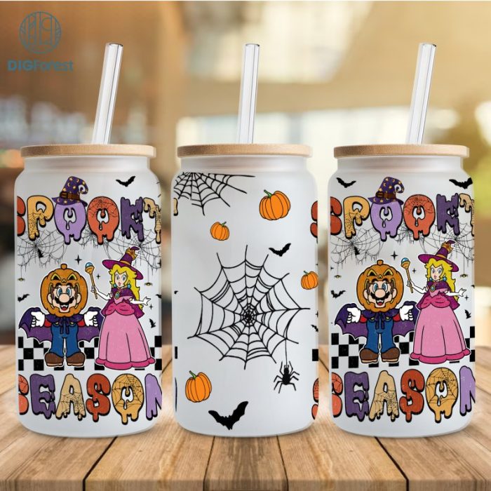 Mario Peach Princess Halloween 16oz Can Glass, Mario Bros Happy Libbey Can Glass , Halloween Png, Spooky Season Png