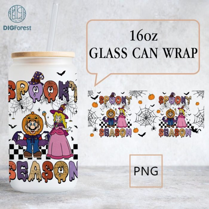 Mario Peach Princess Halloween 16oz Can Glass, Mario Bros Happy Libbey Can Glass , Halloween Png, Spooky Season Png