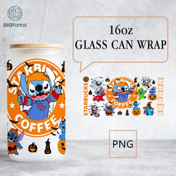 Halloween Disney Costume Stitch Coffee Glass Wrap Png, 16oz Libbey Glass Can Wrap, Trick Or Treat, Spooky Vibes, Stitch Horror friends Tumbler Wrap