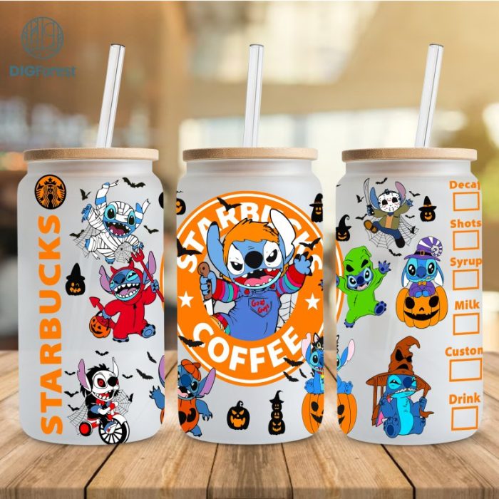 Halloween Disney Costume Stitch Coffee Glass Wrap Png, 16oz Libbey Glass Can Wrap, Trick Or Treat, Spooky Vibes, Stitch Horror friends Tumbler Wrap