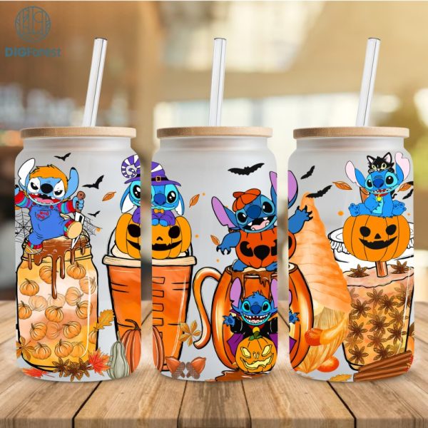 Disney Halloween Costume Stitch Coffee Design 16oz Glass Wrap, Trick Or Treat Png, Spooky Vibes Png, Stitch Horror friends glass can, Digital Download
