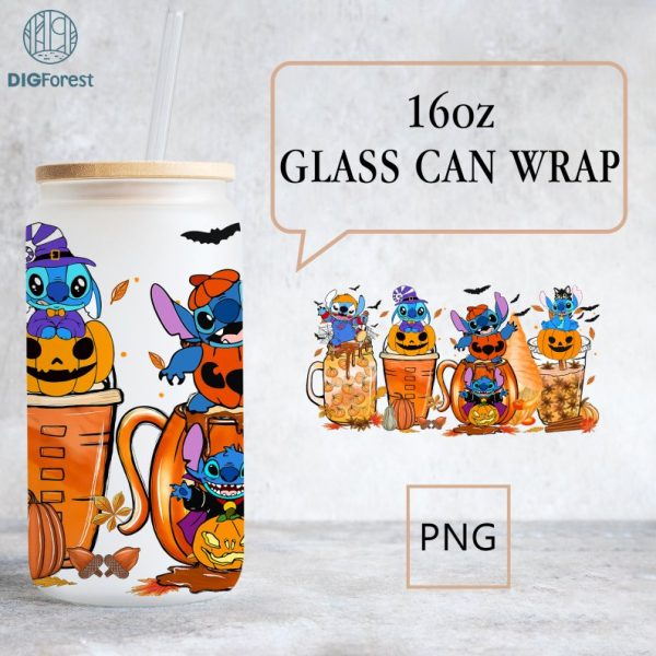 Disney Halloween Costume Stitch Coffee Design 16oz Glass Wrap, Trick Or Treat Png, Spooky Vibes Png, Stitch Horror friends glass can, Digital Download