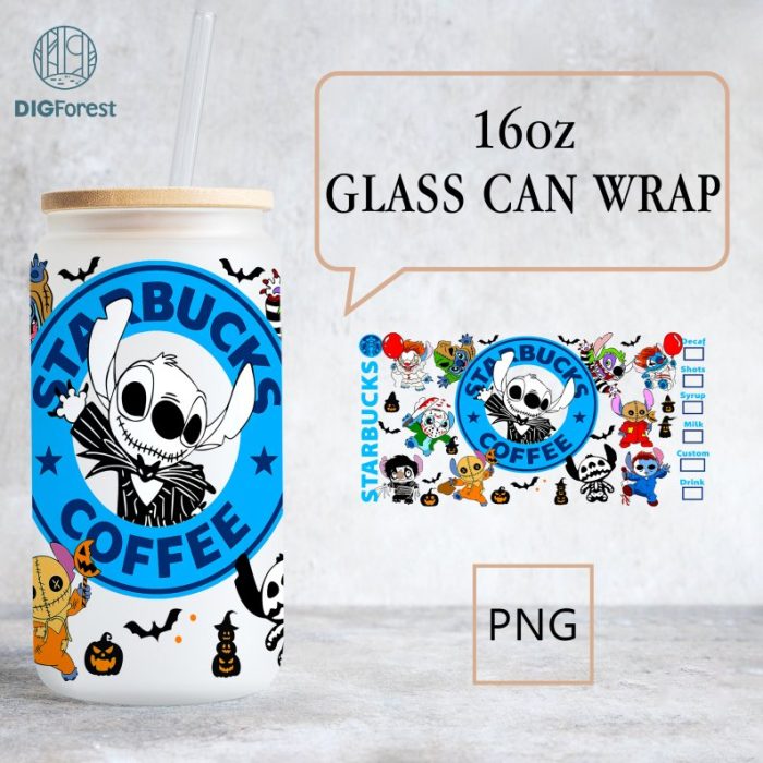 Disney Halloween Costume Stitch Coffee Glass Wrap, 16oz Libbey Glass Can Wrap, Trick Or Treat, Spooky Vibes, Stitch Horror friends Tumbler Wrap