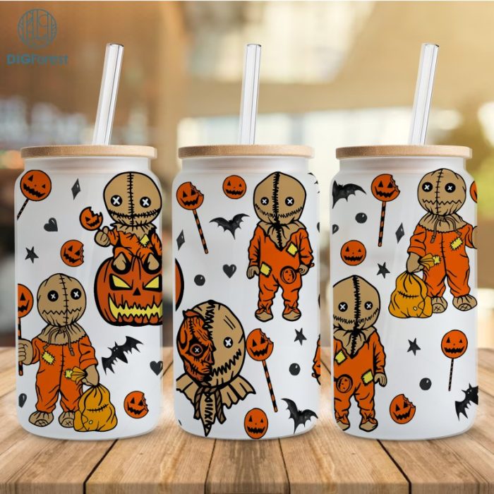 Halloween Trick R Treat Cartoons 16oz Libbey Glass Can Wrap, Halloween Trick R Treat Lollipop, Spooky Vibes, Horror Friends Tumbler Wrap PNG