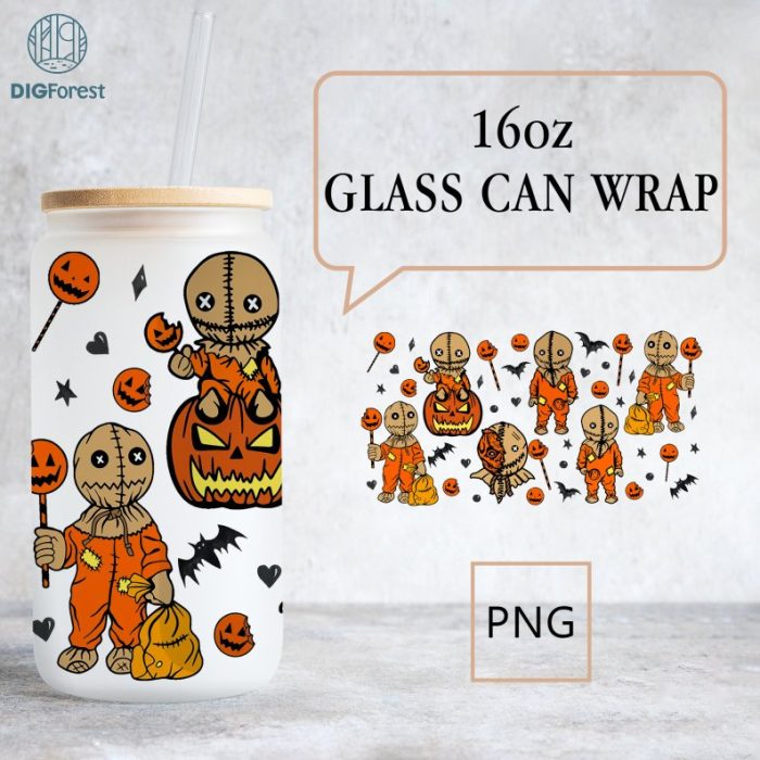 Halloween Trick R Treat Cartoons 16oz Libbey Glass Can Wrap, Halloween Trick R Treat Lollipop, Spooky Vibes, Horror Friends Tumbler Wrap PNG