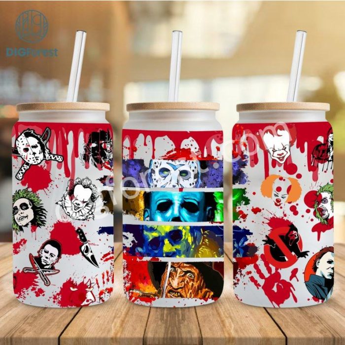 Horror Movie Characters Friends 16oz Glass Cup Wrap | Scary Faces Png | Horror movie Villains Png | Digital Download