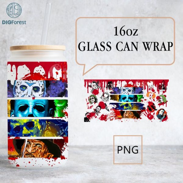 Horror Movie Characters Friends 16oz Glass Cup Wrap | Scary Faces Png | Horror movie Villains Png | Digital Download