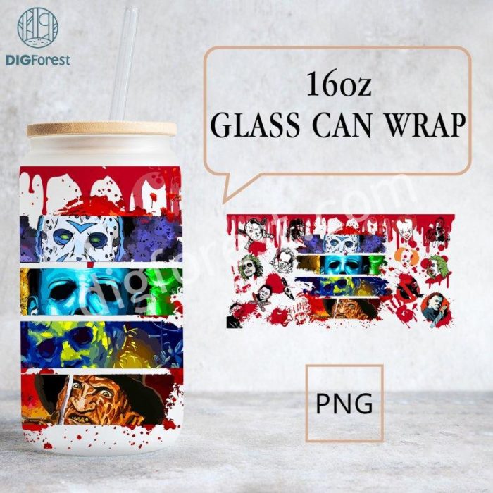 Horror Movie Characters Friends 16oz Glass Cup Wrap | Scary Faces Png | Horror movie Villains Png | Digital Download