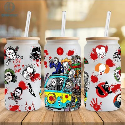 Horror Movie Characters Friends Glass Wrap PNG, 16oz Libbey Glass Can Wrap, Scary Faces, Horror movie Villains Libbey Tumbler Wrap Template
