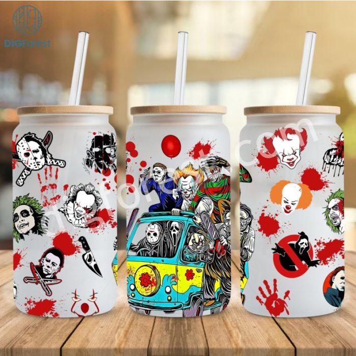 Horror Movie Characters Friends Glass Wrap PNG, 16oz Libbey Glass Can Wrap, Scary Faces, Horror movie Villains Libbey Tumbler Wrap Template