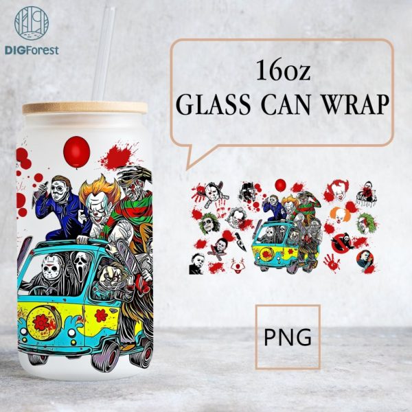 Horror Movie Characters Friends Glass Wrap PNG, 16oz Libbey Glass Can Wrap, Scary Faces, Horror movie Villains Libbey Tumbler Wrap Template