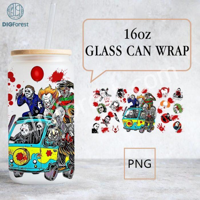 Horror Movie Characters Friends Glass Wrap PNG, 16oz Libbey Glass Can Wrap, Scary Faces, Horror movie Villains Libbey Tumbler Wrap Template