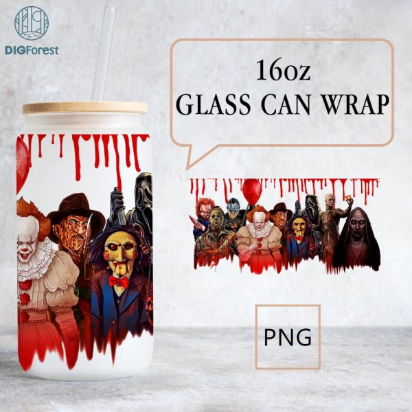 Horror Movie Characters Villains Glass Wrap, 16oz Libbey Glass Can Wrap, Scary Faces, Horror movie Villains Libbey Tumbler Wrap Template