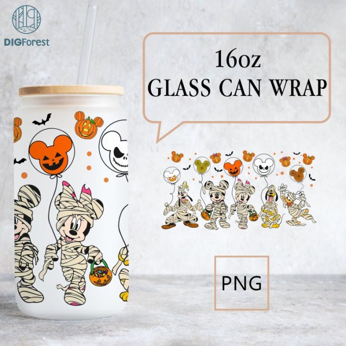 Disney Mickey Halloween Mummy Boo Team, Magic Kingdom, Halloween Costume, 16oz Libbey Glass Can Wrap, Trick Or Treat, Spooky Vibes, Tumbler Wrap