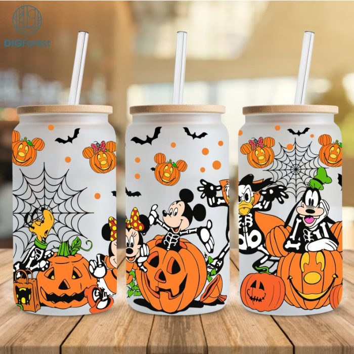 Disney Mickey Halloween Team, Mickey Pumpkin Faces, 16oz Libbey Glass Can Wrap, Halloween Costume Trick or Treat, Tumbler Wrap