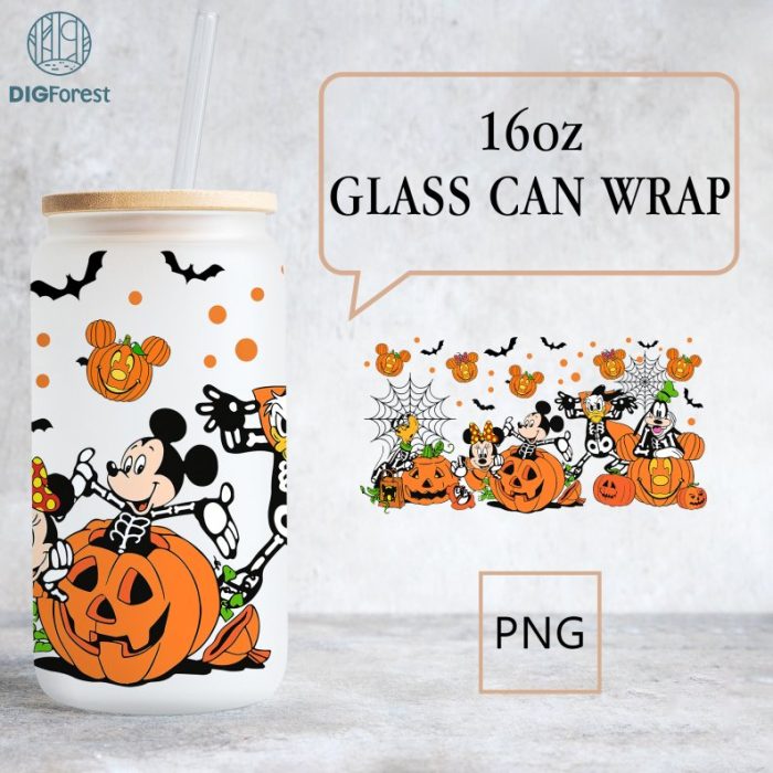 Disney Mickey Halloween Team, Mickey Pumpkin Faces, 16oz Libbey Glass Can Wrap, Halloween Costume Trick or Treat, Tumbler Wrap