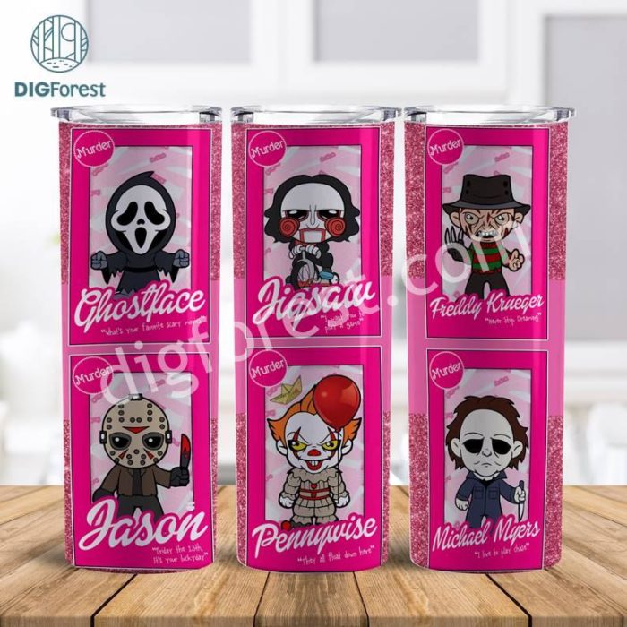 20oz Tumbler Horror Characters Wrap Png | Halloween Horror Png | Halloween PNG | Pink Doll PNG | Horror Dolls 20oz Sublimation Tumbler Png