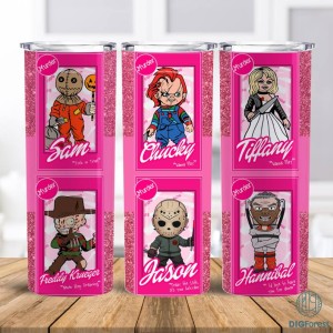 Horror Dolls 20oz Sublimation Tumbler Png, Horror Characters 20oz Tumbler Wrap Png, Halloween PNG, Pink Doll PNG, Halloween Horror Png