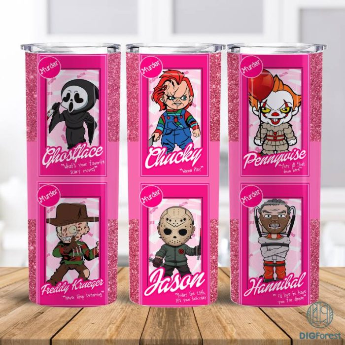 Horror Characters 20oz Tumbler Wrap Png, Halloween Horror Png, Halloween PNG, Pink Doll PNG, Horror Dolls 20oz Sublimation Tumbler Png