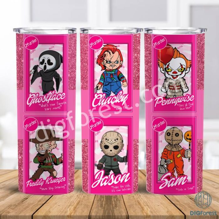 Horror Characters 20oz Tumbler Wrap Png, Halloween Horror Png, Halloween PNG, Pink Doll PNG, Horror Dolls 20 oz Sublimation Tumbler Png