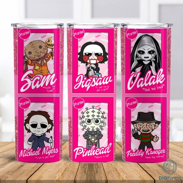 Horror Characters 20oz Tumbler Wrap Png, Halloween Pink Doll Png, Halloween Horror Png, Horror Dolls 20oz Sublimation Tumbler Png