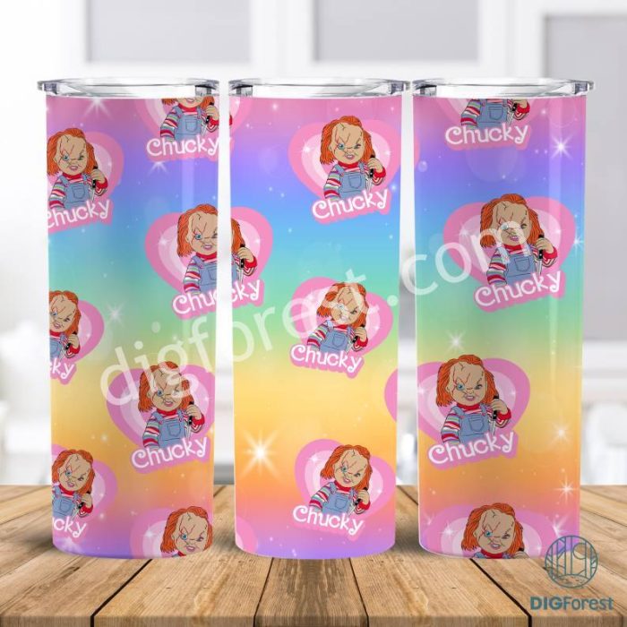 Skinny Tumbler 20oz Chucky Barbie Doll Halloween, Horror Dolls 20oz Sublimation Tumbler Png, Halloween Horror Png, Horror Characters Tumbler Wrap Png, Halloween PNG Pink Doll PNG