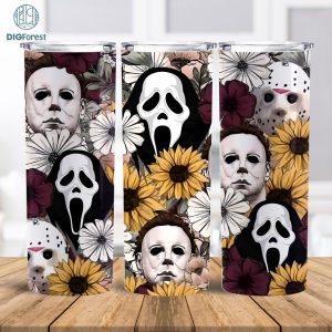 Retro Horror Characters 20oz Skinny Tumbler Png, Halloween Movie Tumbler Straight & Tapered PNG, Instant Download