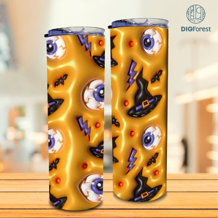 3D Inflated Puff Spooky Tumbler Wrap, Spooky Horror Halloween Tumbler Design Yellow Skinny Tumbler 20oz, Halloween Design