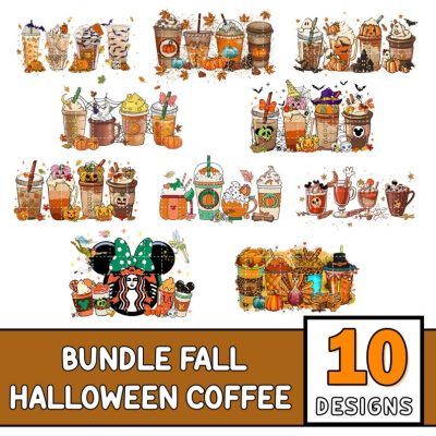 Disney Mickey Fall Halloween Coffee Bundle Png, Halloween Coffee Latte Png, Autumn Pumpkin Spice Png, Halloween Coffee Cups Png Sublimation Design