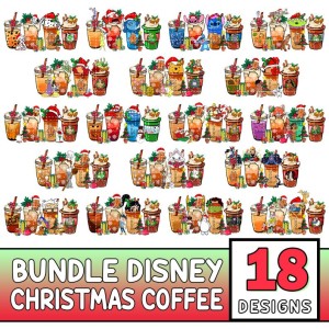 Christmas Coffee Cups Bundle Png, Coffee Shirt Png, Disney Mickey Minnie Pooh Princess Villains Christmas Png, Coffee Lover Gift, Digital Download