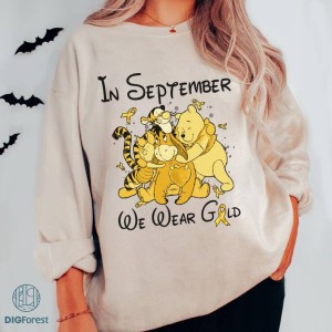 Disney Winnie The Pooh Friends In September We Wear Gold Png, We Wear Gold Shirt, Pooh Bear and Friend Halloween, Halloween PNG Design, Instant Download