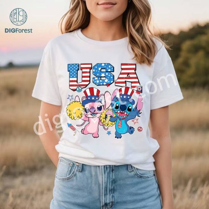 Disney Stitch and Angel 4th Of July Png, 4th of July digital download, USA Flag Sunglasses Shirt, Stitch Angel Couple Shirt, Matching Family 4th of July, Instant Download