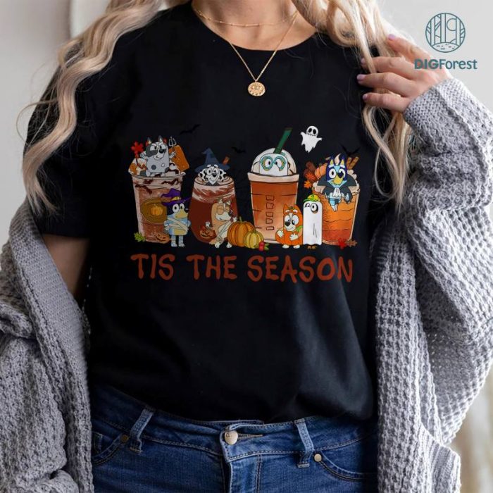 Bluey Halloween Shirt, Bluey Halloween Tis the Season PNG, Bluey Coffee Halloween, Bluey Family Halloween, Fall Autumn Sublimation Design, Happy Heelerween PNG