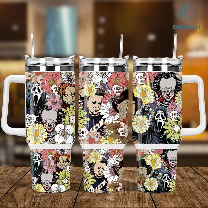 Halloween Tumbler 40oz Horror Charater Retro Floral Wrap, Movie Characters 40oz Tumbler Wrap Png, Halloween Characters 2 pieces 40oz Tumbler Png