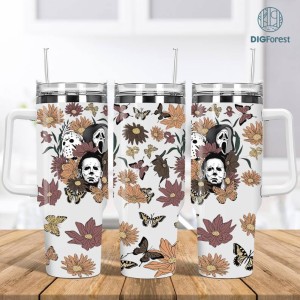 Halloween Horror Movies 40oz Tumbler with Handle & Straw, Travel Mug, Eco-Friendly, Stainless Steel, X-Large Tumbler, Floral Ghoul Png