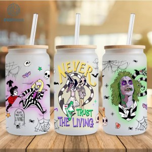 Beetlejuice Scary Glass Wrap PNG, 16oz Libbey Glass Can Wrap, Never Trust The Living Scary Faces, Horror movie Villains Libbey Tumbler Wrap