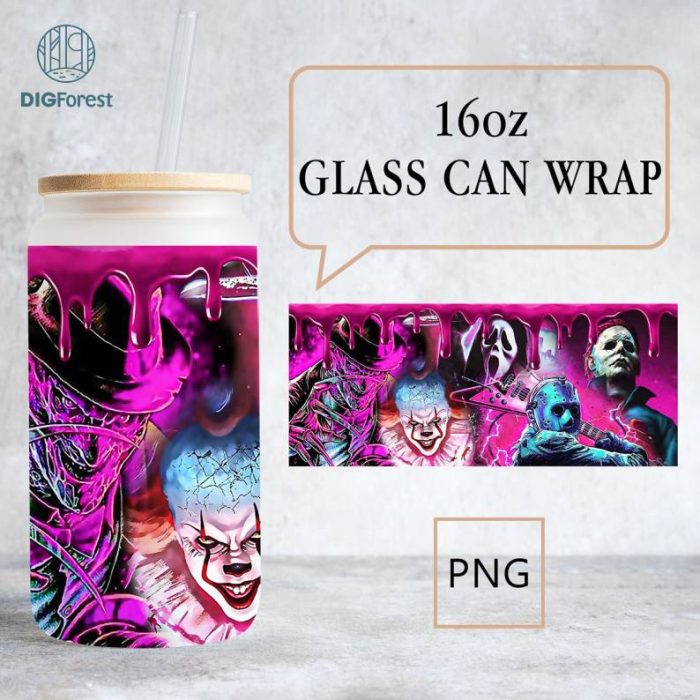 Horror Characters Halloween Glass Wrap Sublimation Design, Horror Cartoon Halloween 16 Oz Libbey Can Png Design, Glass Template