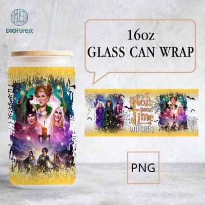 Halloween Witches Movie 16oz Glass Can Png, Halloween Sanderson Sisters 16Oz Libbey Glass Can Design Wrap Png, Hocus Pocus Glass Wrap Png