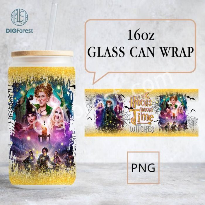 Halloween Witches Movie 16oz Glass Can Png, Halloween Sanderson Sisters 16Oz Libbey Glass Can Design Wrap Png, Hocus Pocus Glass Wrap Png