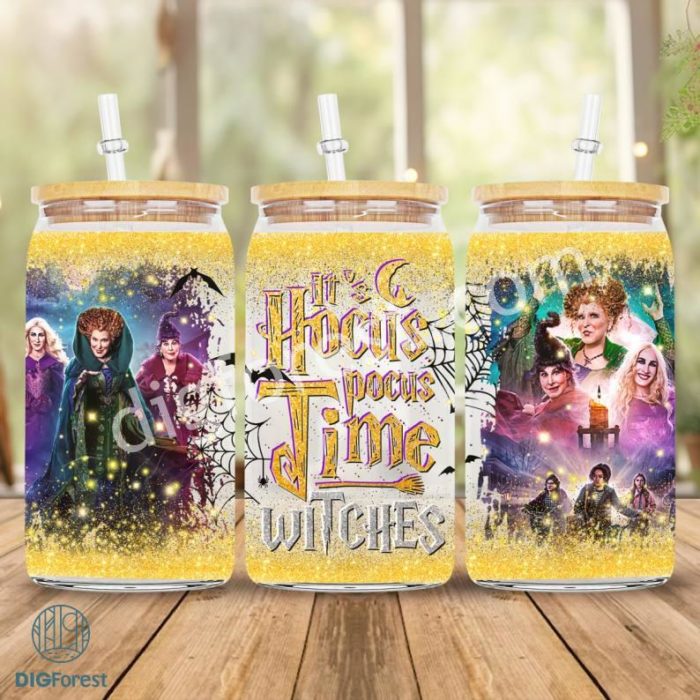 Halloween Witches Movie 16oz Glass Can Png, Halloween Sanderson Sisters 16Oz Libbey Glass Can Design Wrap Png, Hocus Pocus Glass Wrap Png