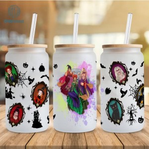 Halloween Witches Movie 16oz Glass Can Png, Hocus Pocus Glass Wrap Png, Halloween Sanderson Sisters 16Oz Libbey Glass Can Design Wrap Png
