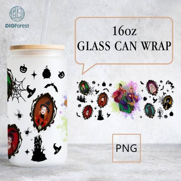 Halloween Witches Movie 16oz Glass Can Png, Hocus Pocus Glass Wrap Png, Halloween Sanderson Sisters 16Oz Libbey Glass Can Design Wrap Png