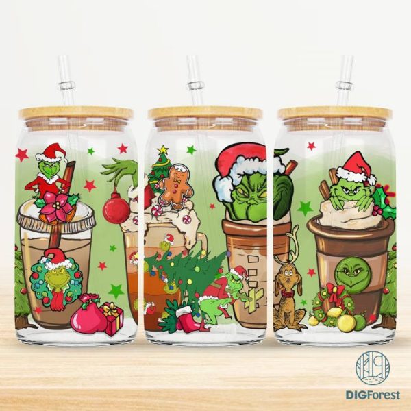 Grinch Christmas Coffee Latte 16oz Glass Can Wrap, The Grinch Tumbler Wrap, Christmas Cartoon designs png, Grinch Santa Funny Christmas PNG