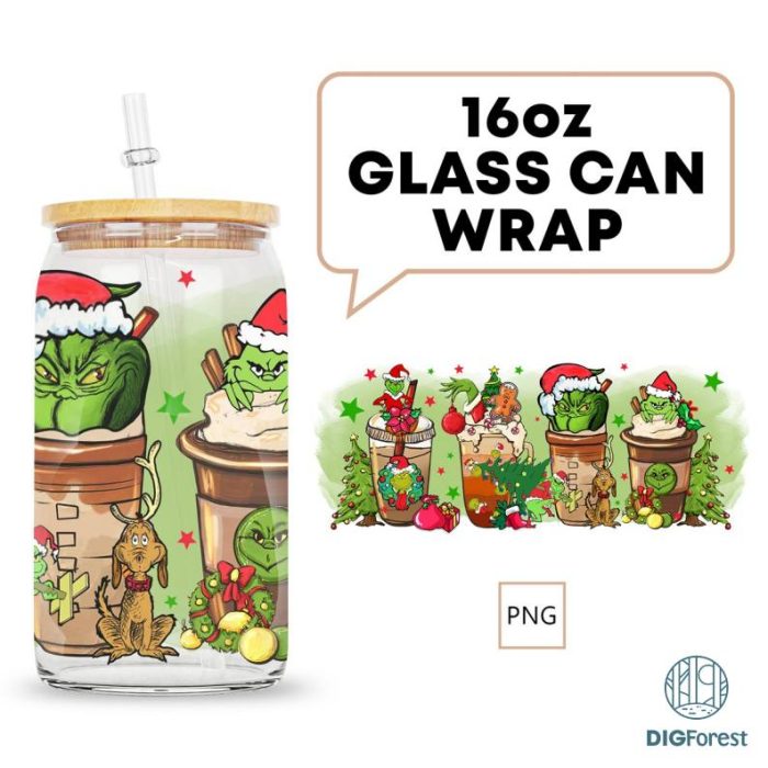 Grinch Christmas Coffee Latte 16oz Glass Can Wrap, The Grinch Tumbler Wrap, Christmas Cartoon designs png, Grinch Santa Funny Christmas PNG